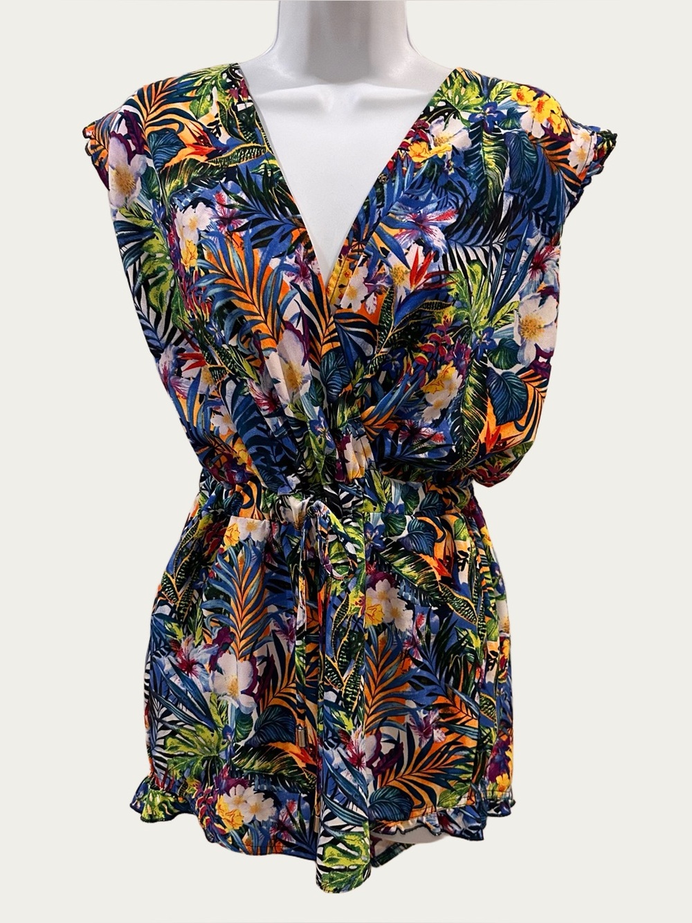 Marilyn Monroe Floral Tropical Surplice Short Sleeve Shorts Romper 
Small